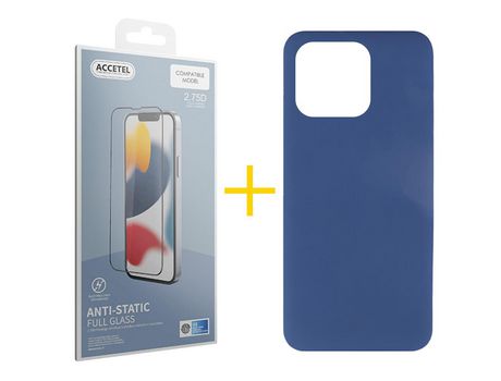Juego 1 X Película de Vidrio Templado Antiestático + Funda Accetel por Apple iPhone 14 Pro Silicona Líquida Azul