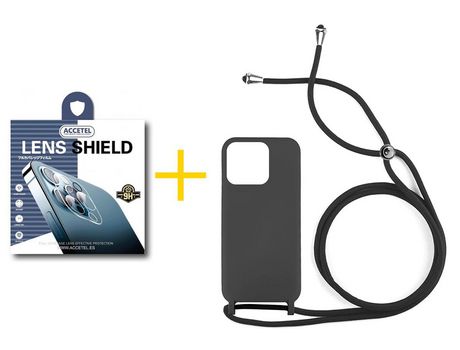 Juego 1 X Película de Cámara trasera + Funda Accetel por Apple iPhone 14 Pro Max Gel con Cordón Negro