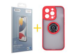 Juego 1 X Película de Vidrio Templado Antiestático + Funda Accetel por Apple iPhone 14 Pro Gel Bumper con Anillo Rojo