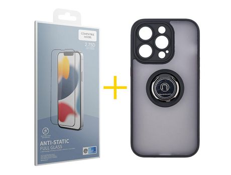 Juego 1 X Película de Vidrio Templado Antiestático + Funda skyhe por Apple iPhone 14 Pro Gel Bumper con Anillo Negro