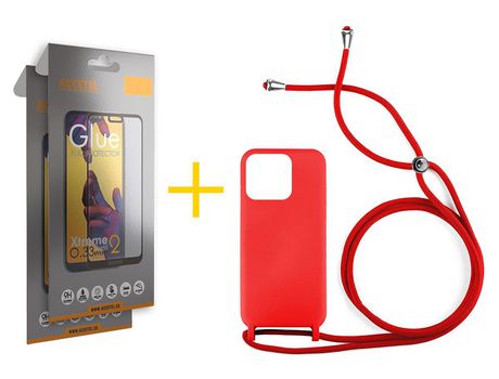 Juego 2 X Película de Vidrio Templado Full + Funda Accetel por Apple iPhone 14 Pro Gel con Cordón Rojo