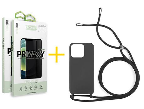 Juego 2 X Película de Vidrio Templado Antiespia + Funda Accetel por Apple iPhone 14 Pro Gel con Cordón Negro