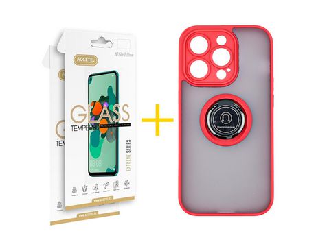 Juego 2 X Película de Vidrio Templado 2.5D + Funda Accetel por Apple iPhone 14 Pro Gel Bumper con Anillo Rojo