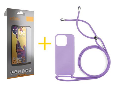 Juego 1 X Película de Vidrio Templado Full + Funda Accetel por Apple iPhone 14 Pro Gel con Cordón Lila