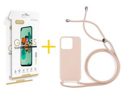 Juego 2 X Película de Vidrio Templado 2.5D + Funda Accetel por Apple iPhone 14 Pro Max Gel con Cordón Rosa Pastel