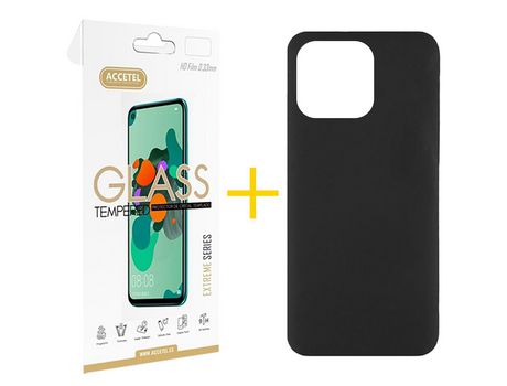 Juego 1 X Película de Vidrio Templado 2.5D + Funda Accetel por Apple iPhone 14 Pro Max Silicona Líquida Negro
