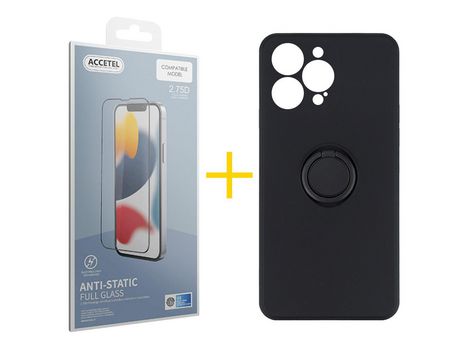 Juego 1 X Película de Vidrio Templado Antiestático + Funda Accetel por Apple iPhone 14 Pro Gel O-Ring Negro