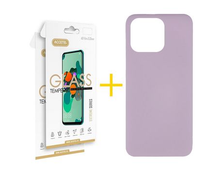 Pack 2 X Película de Vidrio Templado 2.5D + Funda Accetel para iPhone 14 Pro Silicona Líquida Morado