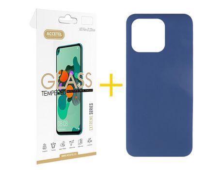 Juego 1 X Película de Vidrio Templado 2.5D + Funda Accetel por Apple iPhone 14 Pro Silicona Líquida Azul
