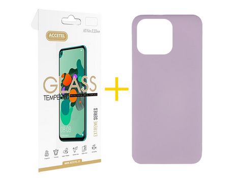 Pack 1 X Película de Vidrio Templado 2.5D + Funda Accetel para iPhone 14 Pro Silicona Líquida Morado