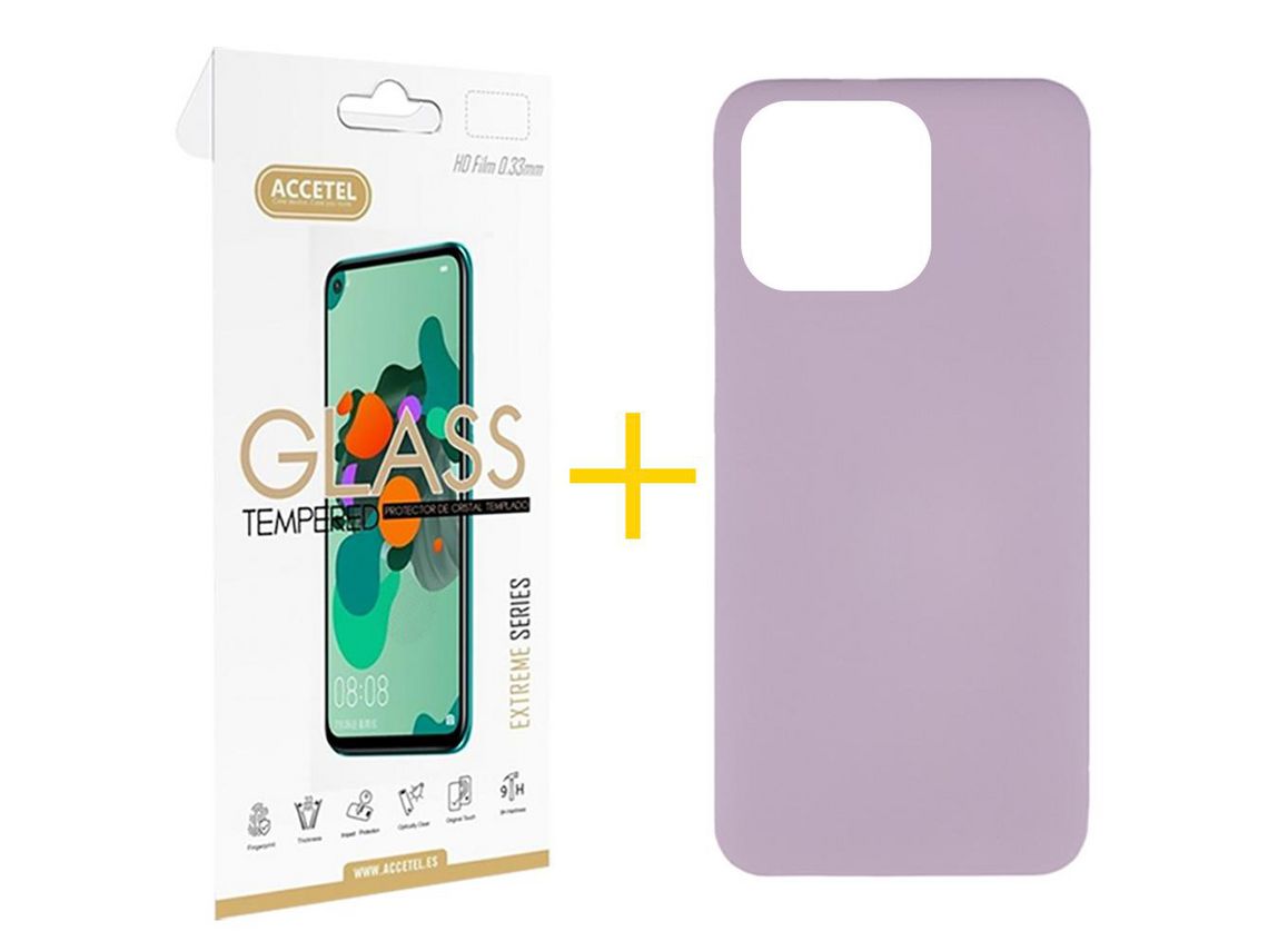 Pack 1 X Película de Vidrio Templado 2.5D + Funda Accetel para iPhone 14 Pro Max Silicona Líquida Morado