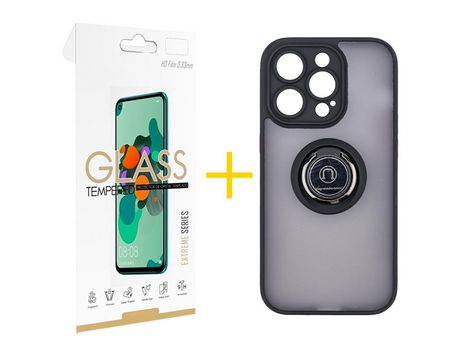 Juego 1 X Película de Vidrio Templado 2.5D + Funda skyhe por Apple iPhone 14 Pro Max Gel Bumper con Anillo Negro
