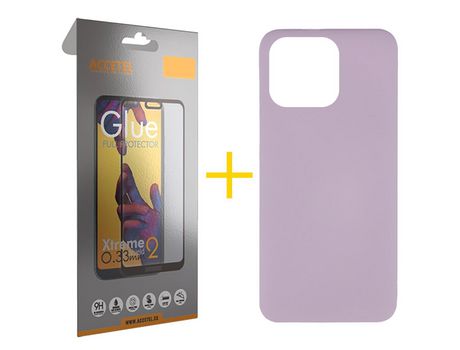 Pack 1 X Película de Vidrio Templado Full + Funda Accetel para iPhone 14 Pro Silicona Líquida Morado