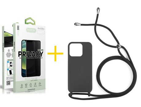 Juego 1 X Película de Vidrio Templado Antiespia + Funda Accetel por Apple iPhone 14 Pro Gel con Cordón Negro