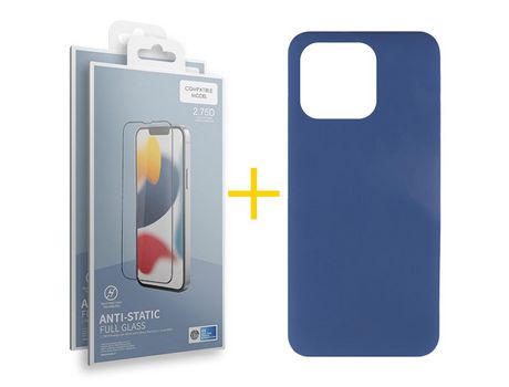 Juego 2 X Película de Vidrio Templado Antiestático + Funda skyhe por Apple iPhone 14 Pro Silicona Líquida Azul