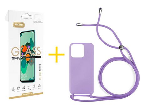 Juego 1 X Película de Vidrio Templado 2.5D + Funda Accetel por Apple iPhone 14 Pro Max Gel con Cordón Lila