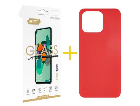 Juego 1 X Película de Vidrio Templado 2.5D + Funda Accetel por Apple iPhone 14 Pro Silicona Líquida Rojo