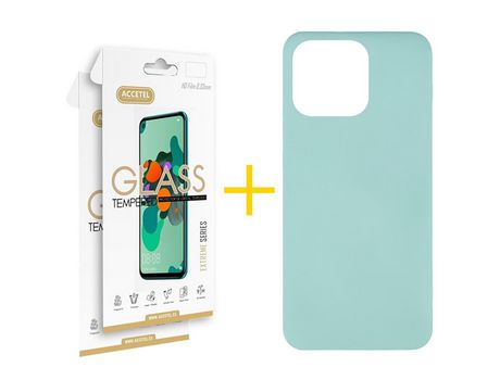 Juego 2 X Película de Vidrio Templado 2.5D + Funda Accetel por Apple iPhone 14 Pro Silicona Líquida Verde-Água