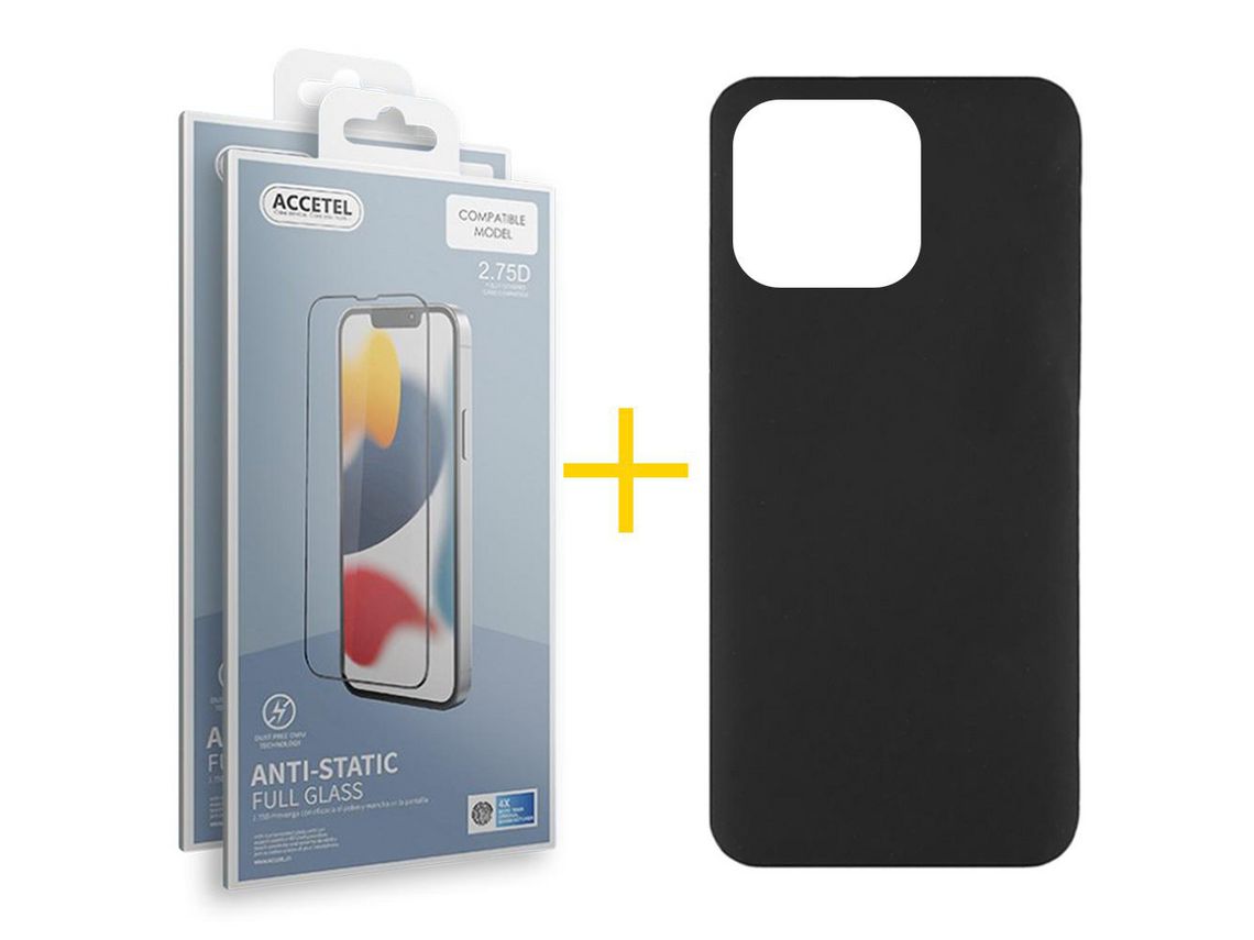 Juego 2 X Película de Vidrio Templado Antiestático + Funda Accetel por Apple iPhone 14 Pro Max Silicona Líquida Negro
