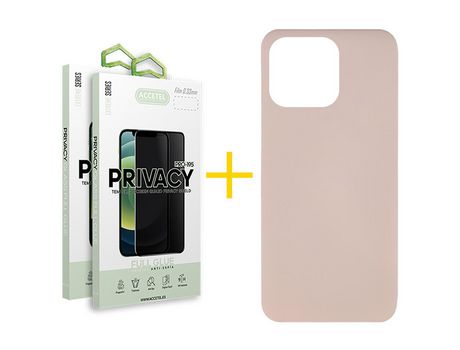 Juego 2 X Película de Vidrio Templado Antiespia + Funda Accetel por Apple iPhone 14 Pro Max Silicona Líquida Rosa