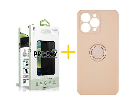 Juego 1 X Película de Vidrio Templado Antiespia + Funda Accetel por Apple iPhone 14 Pro Gel O-Ring Rosa Pastel