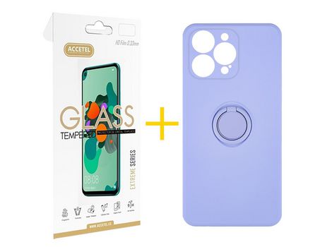 Pack 1 X Película de Vidrio Templado 2.5D + Funda Accetel para iPhone 14 Pro Gel O-Ring Morado