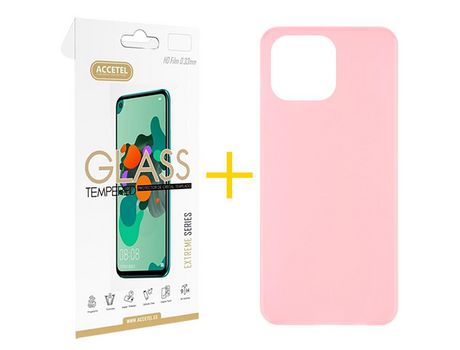Juego 1 X Película de Vidrio Templado 2.5D + Funda Accetel por Apple iPhone 14 Pro Max Silicona Liso Rosa