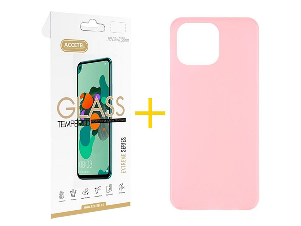 Juego 1 X Película de Vidrio Templado 2.5D + Funda Accetel por Apple iPhone 14 Pro Max Silicona Liso Rosa