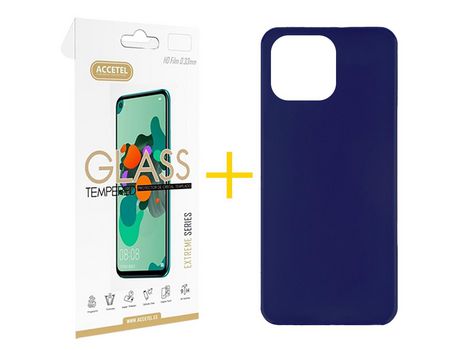 Juego 1 X Película de Vidrio Templado 2.5D + Funda Accetel por Apple iPhone 14 Pro Silicona Liso Azul