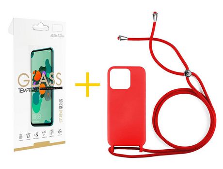 Juego 1 X Película de Vidrio Templado 2.5D + Funda skyhe por Apple iPhone 14 Pro Gel con Cordón Rojo