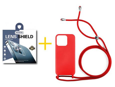 Juego 1 X Película de Cámara trasera + Funda Accetel por Apple iPhone 14 Pro Gel con Cordón Rojo