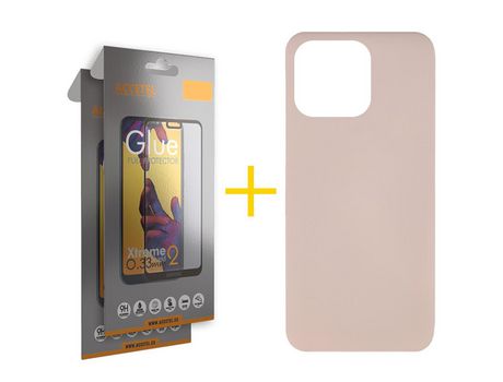 Juego 2 X Película de Vidrio Templado Full + Funda Accetel por Apple iPhone 14 Pro Silicona Líquida Rosa