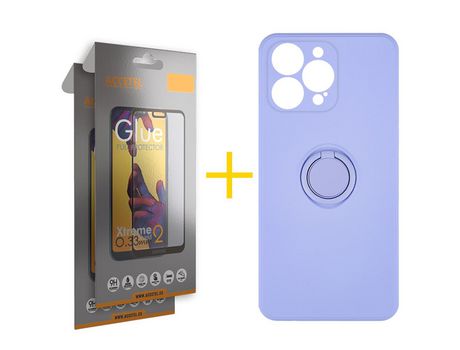 Pack 2 X Película de Vidrio Templado Full + Funda Accetel para iPhone 14 Pro Gel O-Ring Morado