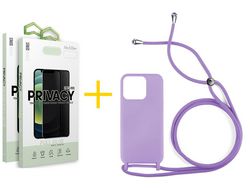 Juego 2 X Película de Vidrio Templado Antiespia + Funda skyhe por Apple iPhone 14 Pro Gel con Cordón Lila