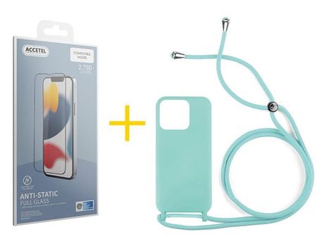 Juego 1 X Película de Vidrio Templado Antiestático + Funda Accetel por Apple iPhone 14 Pro Gel con Cordón Agua Verde