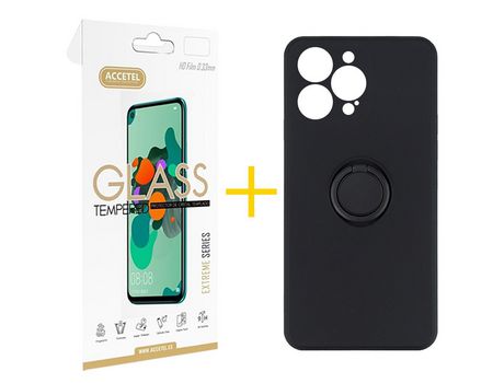 Juego 1 X Película de Vidrio Templado 2.5D + Funda Accetel por Apple iPhone 14 Pro Gel O-Ring Negro