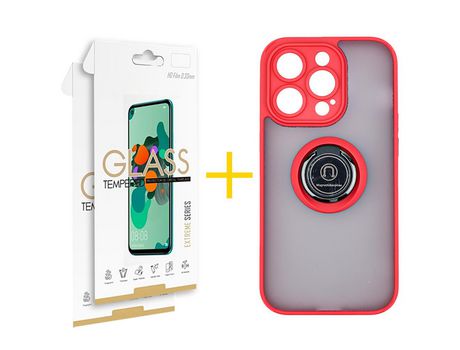 Juego 2 X Película de Vidrio Templado 2.5D + Funda skyhe por Apple iPhone 14 Pro Gel Bumper con Anillo Rojo