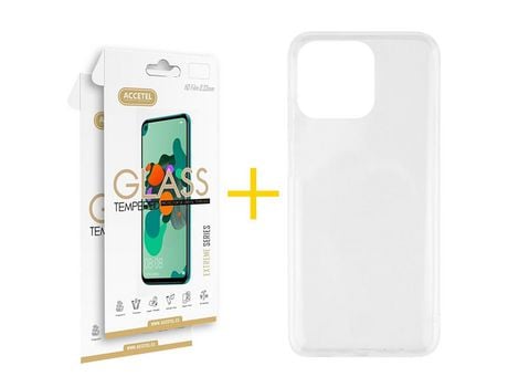 Juego 2 X Película de Vidrio Templado 2.5D + Funda Accetel por Apple iPhone 14 Pro Silicona Líquida Incoloro Clear
