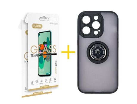 Juego 2 X Película de Vidrio Templado 2.5D + Funda Accetel por Apple iPhone 14 Pro Max Gel Bumper con Anillo Negro