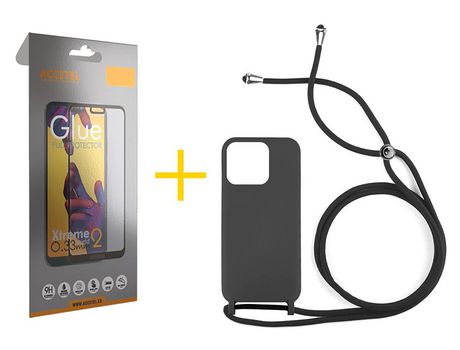 Juego 1 X Película de Vidrio Templado Full + Funda Accetel por Apple iPhone 14 Pro Gel con Cordón Negro