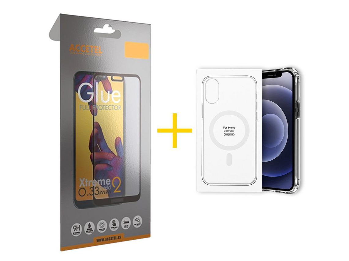 Juego 1 X Película de Vidrio Templado Full + Funda Accetel por Apple iPhone 14 Pro Compatible con Magsafe Magnético Incoloro Clear