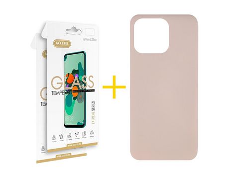Juego 2 X Película de Vidrio Templado 2.5D + Funda Accetel por Apple iPhone 14 Pro Silicona Líquida Rosa