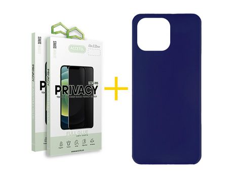Juego 2 X Película de Vidrio Templado Antiespia + Funda Accetel por Apple iPhone 14 Pro Silicona Liso Azul