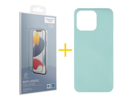 Juego 1 X Película de Vidrio Templado Antiestático + Funda skyhe por Apple iPhone 14 Pro Silicona Líquida Verde-Água