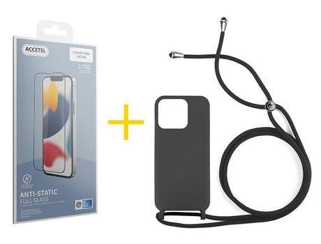 Juego 1 X Película de Vidrio Templado Antiestático + Funda Accetel por Apple iPhone 14 Pro Gel con Cordón Negro