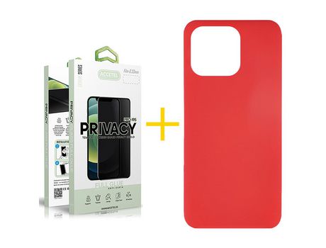 Juego 1 X Película de Vidrio Templado Antiespia + Funda Accetel por Apple iPhone 14 Pro Silicona Líquida Rojo