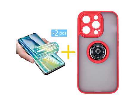Juego 2 X Película de Vidrio Templado Hidrogel + Funda skyhe por Apple iPhone 14 Pro Gel Bumper con Anillo Rojo