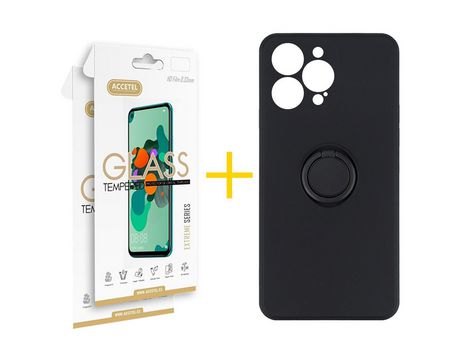 Juego 2 X Película de Vidrio Templado 2.5D + Funda Accetel por Apple iPhone 14 Pro Gel O-Ring Negro