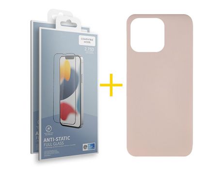Juego 2 X Película de Vidrio Templado Antiestático + Funda skyhe por Apple iPhone 14 Pro Max Silicona Líquida Rosa