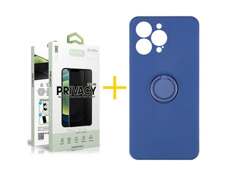Juego 1 X Película de Vidrio Templado Antiespia + Funda Accetel por Apple iPhone 14 Pro Gel O-Ring Azul